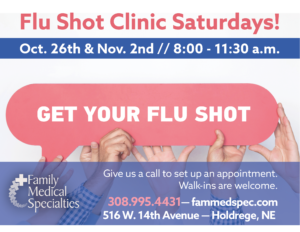 Flu Shot Clinic, Oct. 26th and Nov. 2nd from 8 a.m. to 11:30 am